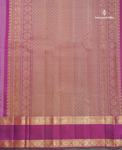 Pure Kanjivaram Silk Saree - Light Rose Colour Body Vaira Oosi Lines With Butta & Contrast Magenta Traditional Gap Border