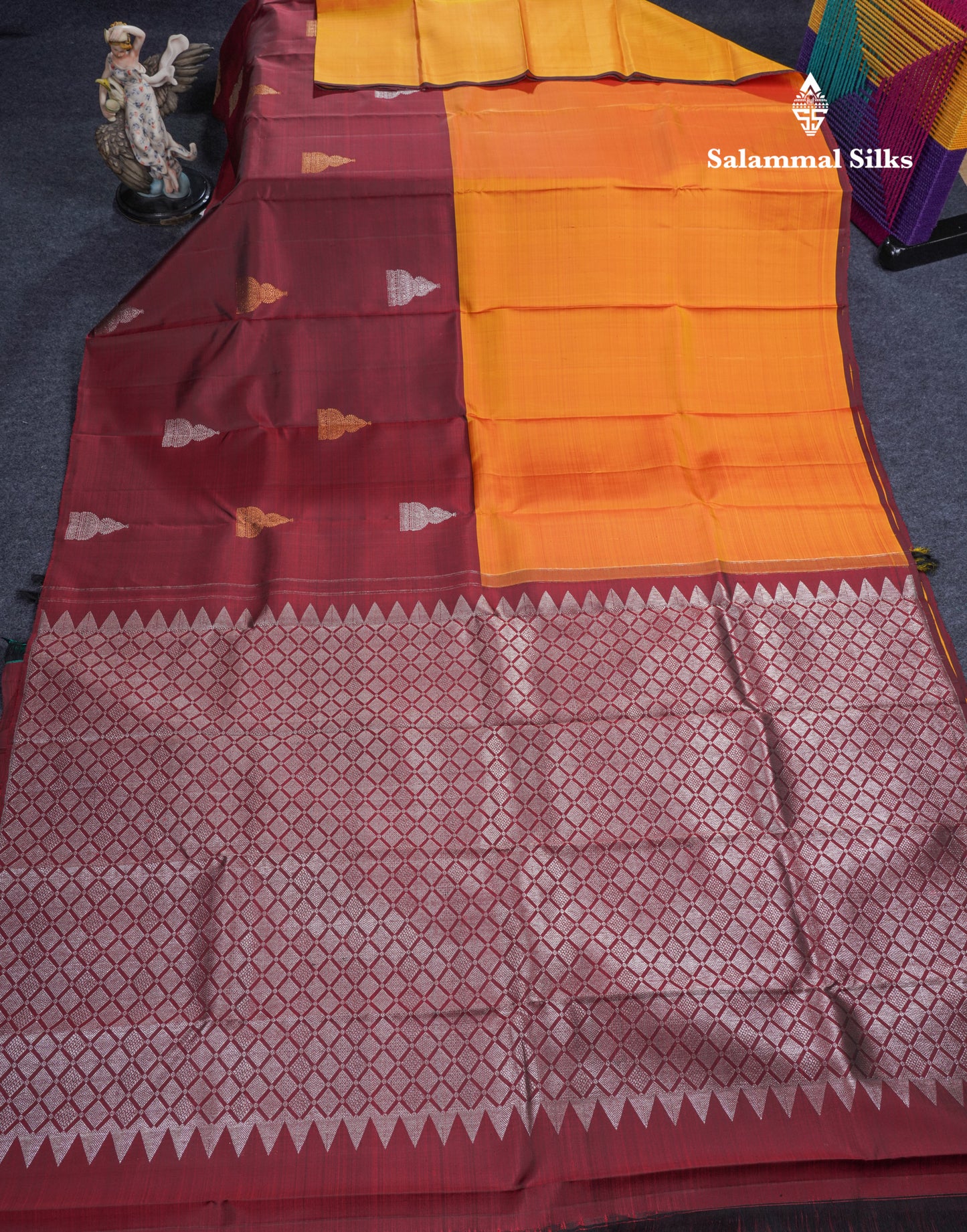 Dark Maroon and Mustard Yellow Half & Half Pure Kanjivaram Silk Saree With Contrast Dark Maroon Blouse
