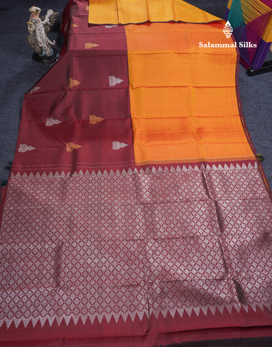 Dark Maroon and Mustard Yellow Half & Half Pure Kanjivaram Silk Saree With Contrast Dark Maroon Blouse