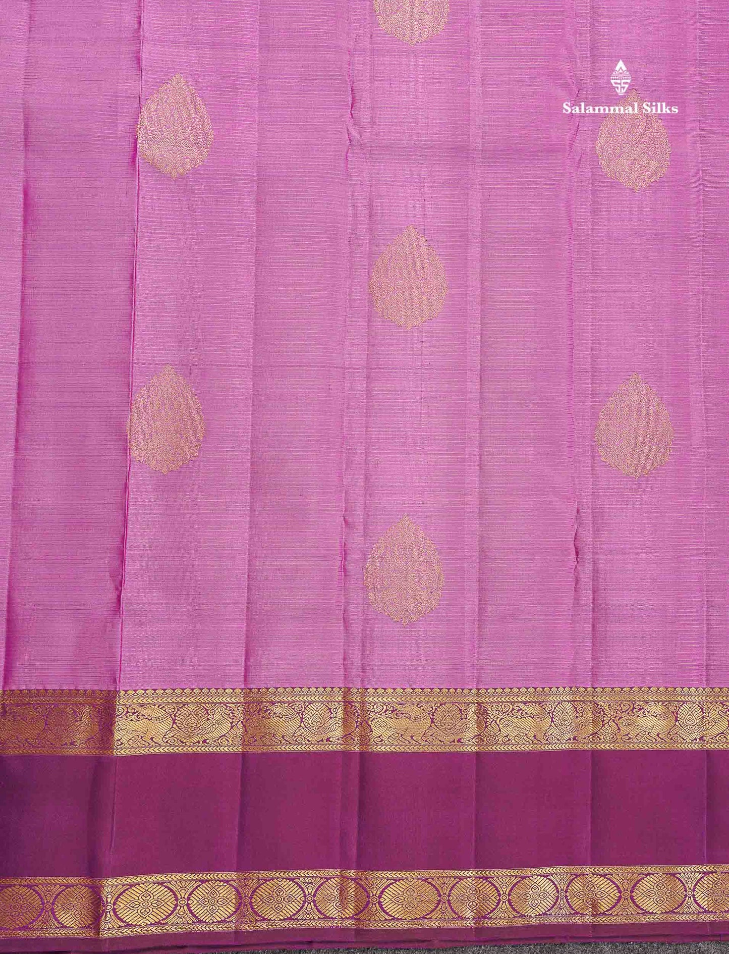 Pure Kanjivaram Silk Saree - Light Rose Colour Body Vaira Oosi Lines With Butta & Contrast Magenta Traditional Gap Border