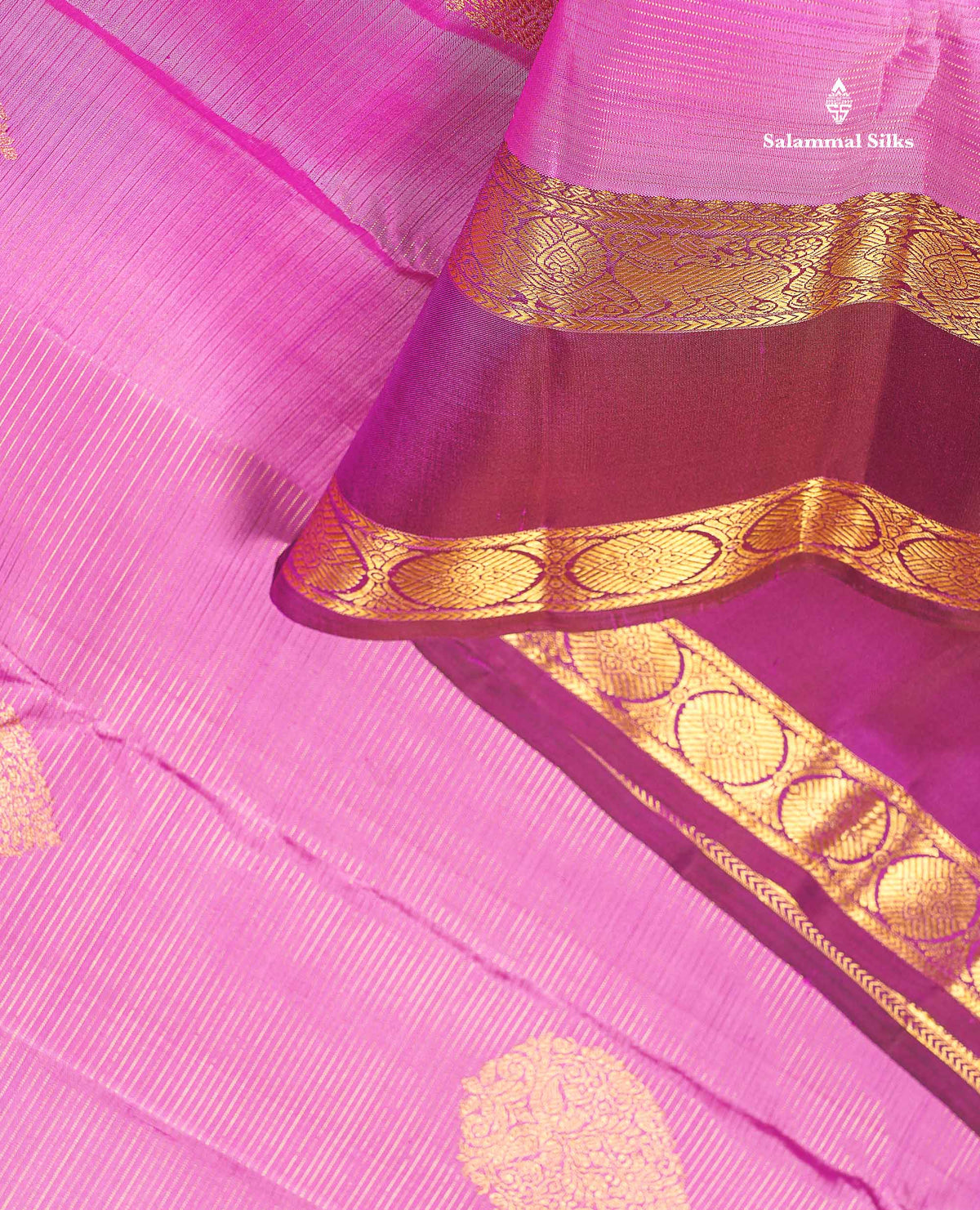 Pure Kanjivaram Silk Saree - Light Rose Colour Body Vaira Oosi Lines With Butta & Contrast Magenta Traditional Gap Border
