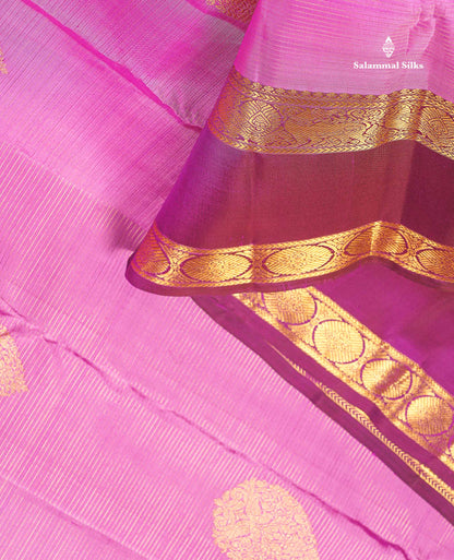 Pure Kanjivaram Silk Saree - Light Rose Colour Body Vaira Oosi Lines With Butta & Contrast Magenta Traditional Gap Border