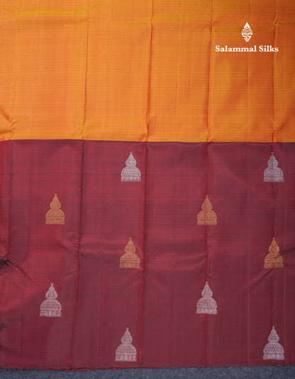 Dark Maroon and Mustard Yellow Half & Half Pure Kanjivaram Silk Saree With Contrast Dark Maroon Blouse