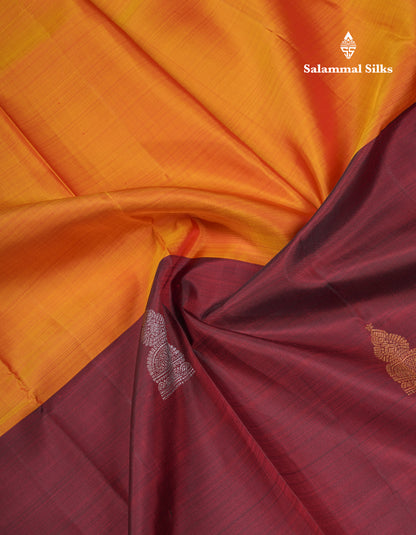 Dark Maroon and Mustard Yellow Half & Half Pure Kanjivaram Silk Saree With Contrast Dark Maroon Blouse