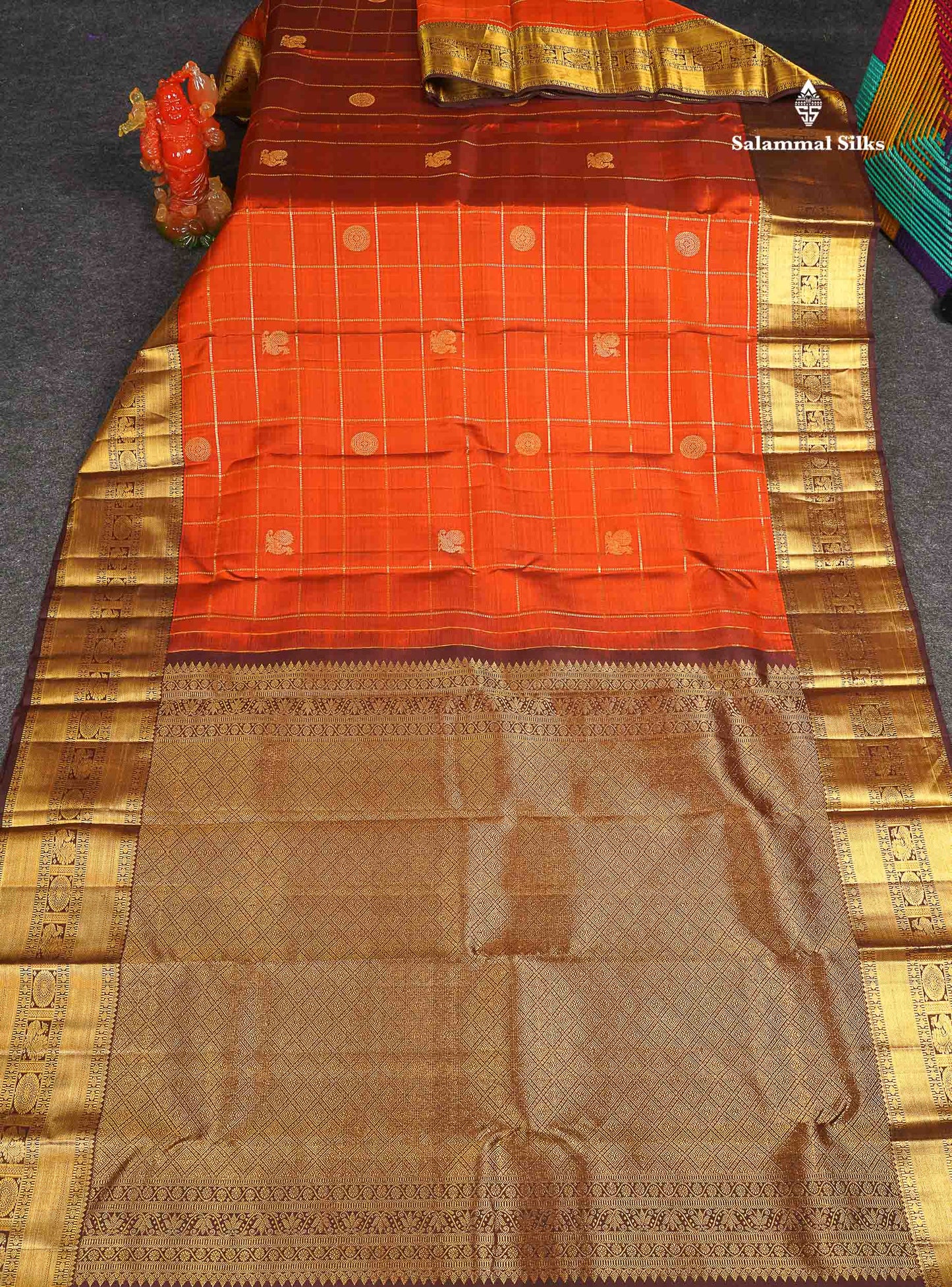 Pure Kanjivaram Silk Saree - Rust Orange Colour Body Checks With Butta & Contrast Brown Border