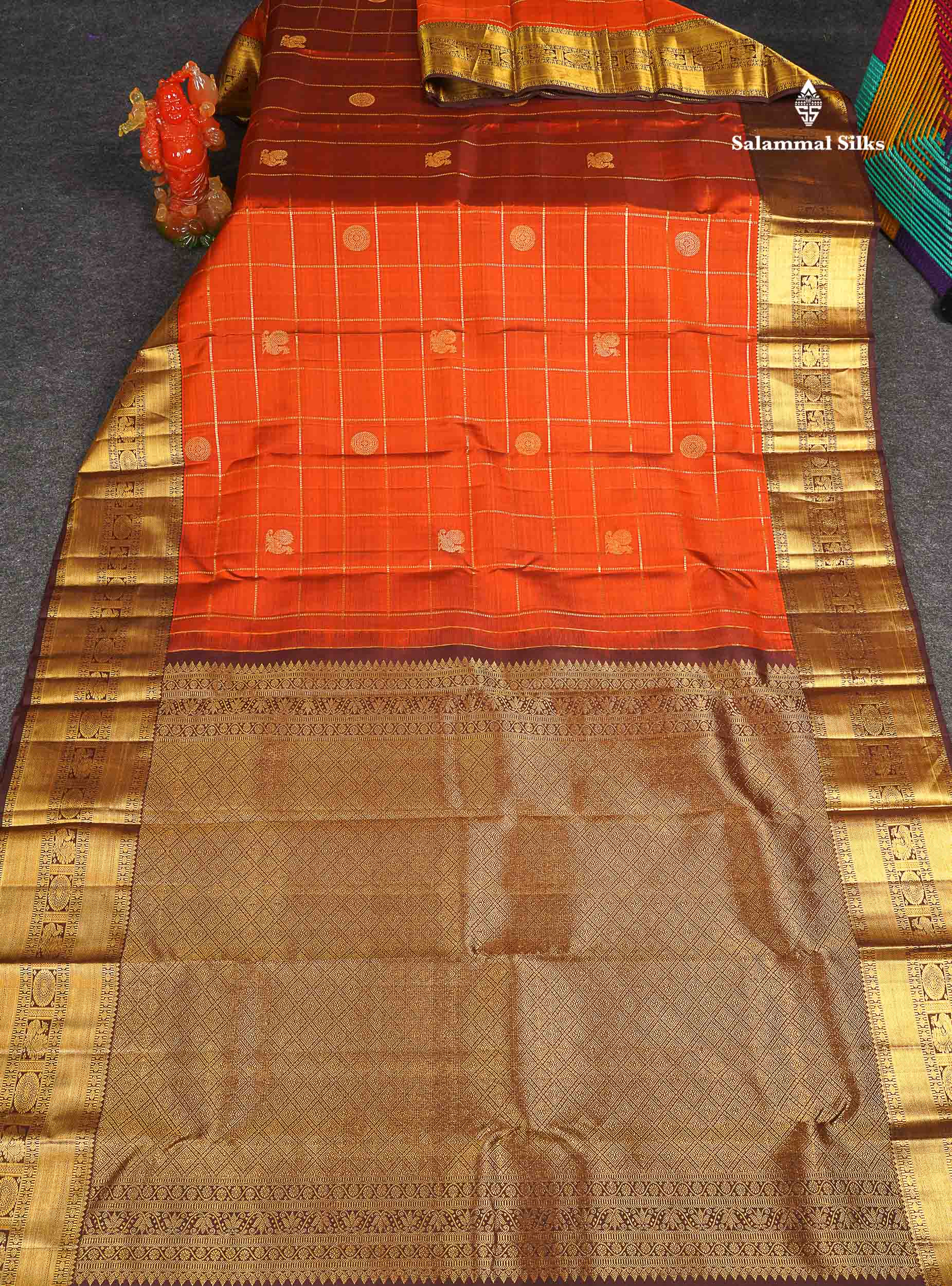 Pure Kanjivaram Silk Saree - Rust Orange Colour Body Checks With Butta & Contrast Brown Border