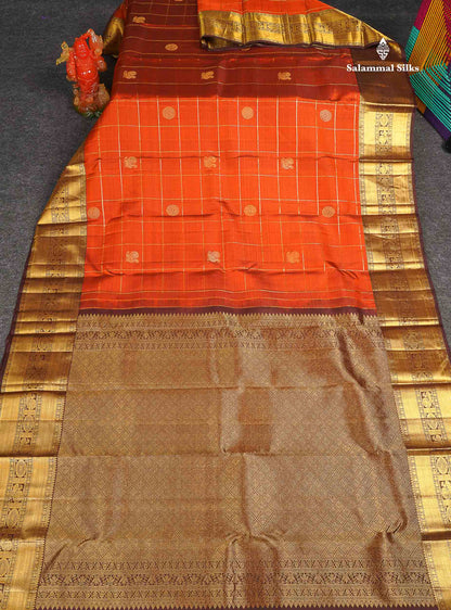 Pure Kanjivaram Silk Saree - Rust Orange Colour Body Checks With Butta & Contrast Brown Border