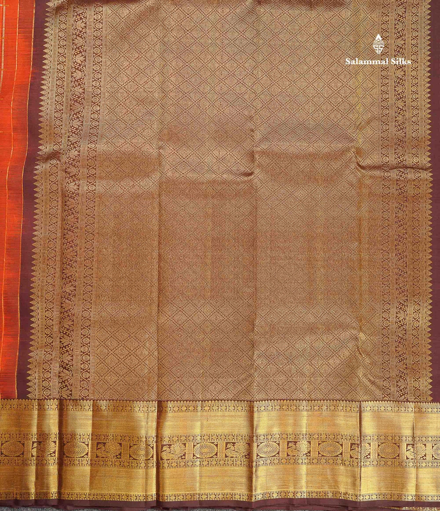 Pure Kanjivaram Silk Saree - Rust Orange Colour Body Checks With Butta & Contrast Brown Border