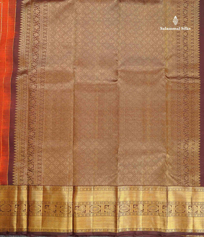 Pure Kanjivaram Silk Saree - Rust Orange Colour Body Checks With Butta & Contrast Brown Border