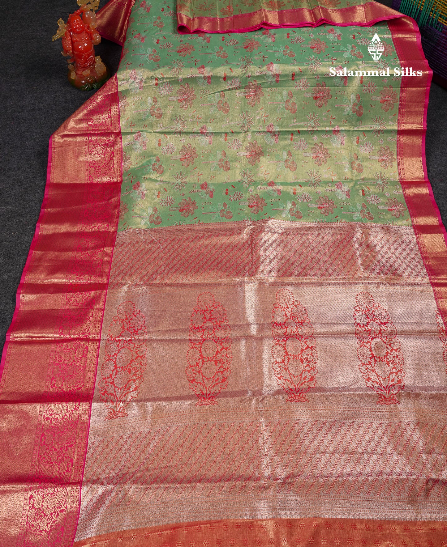 Beautiful Light Green Tissue Semi Silk Saree With Contrast Pink Traditional Evening Morning Border