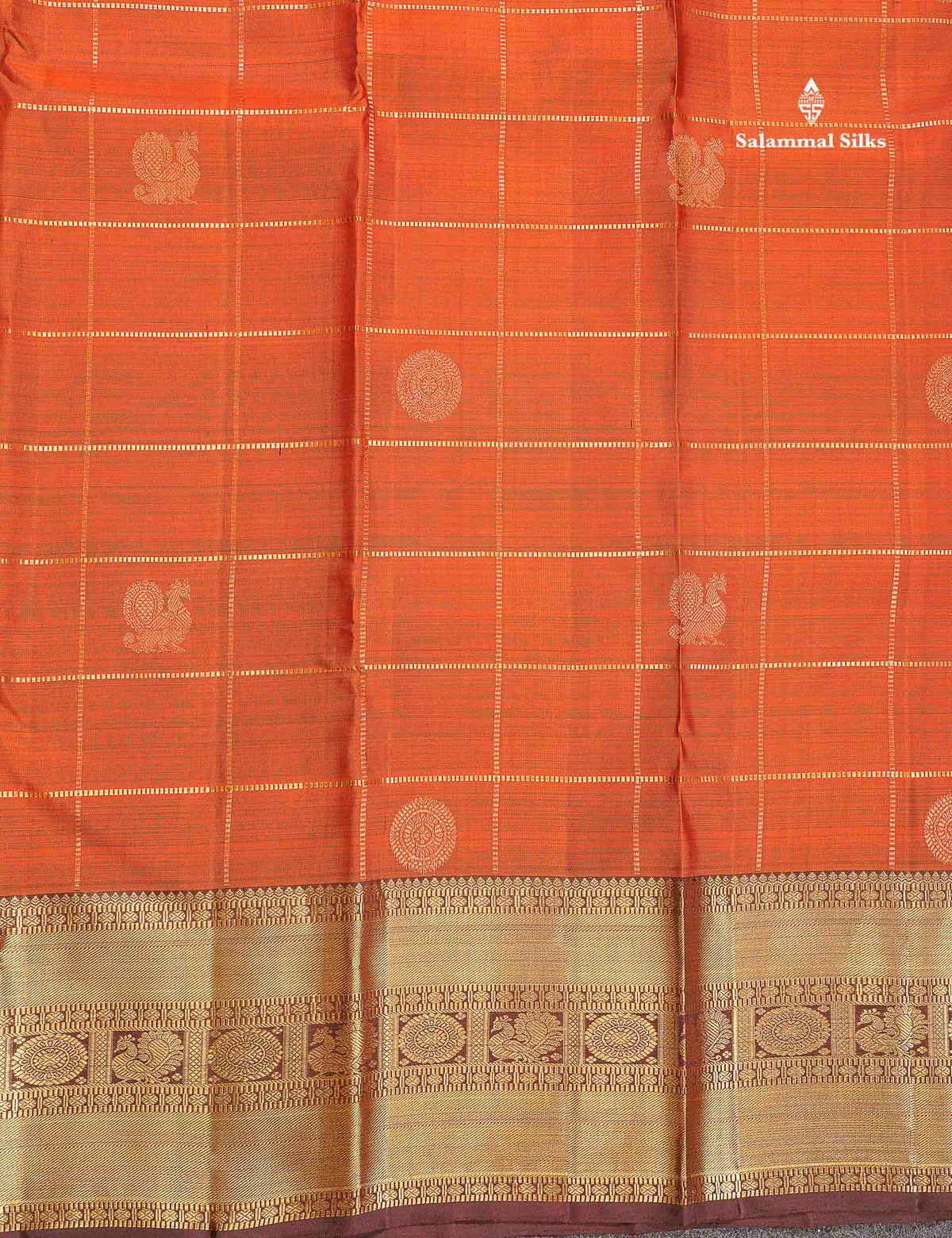Pure Kanjivaram Silk Saree - Rust Orange Colour Body Checks With Butta & Contrast Brown Border