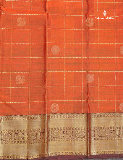 Pure Kanjivaram Silk Saree - Rust Orange Colour Body Checks With Butta & Contrast Brown Border
