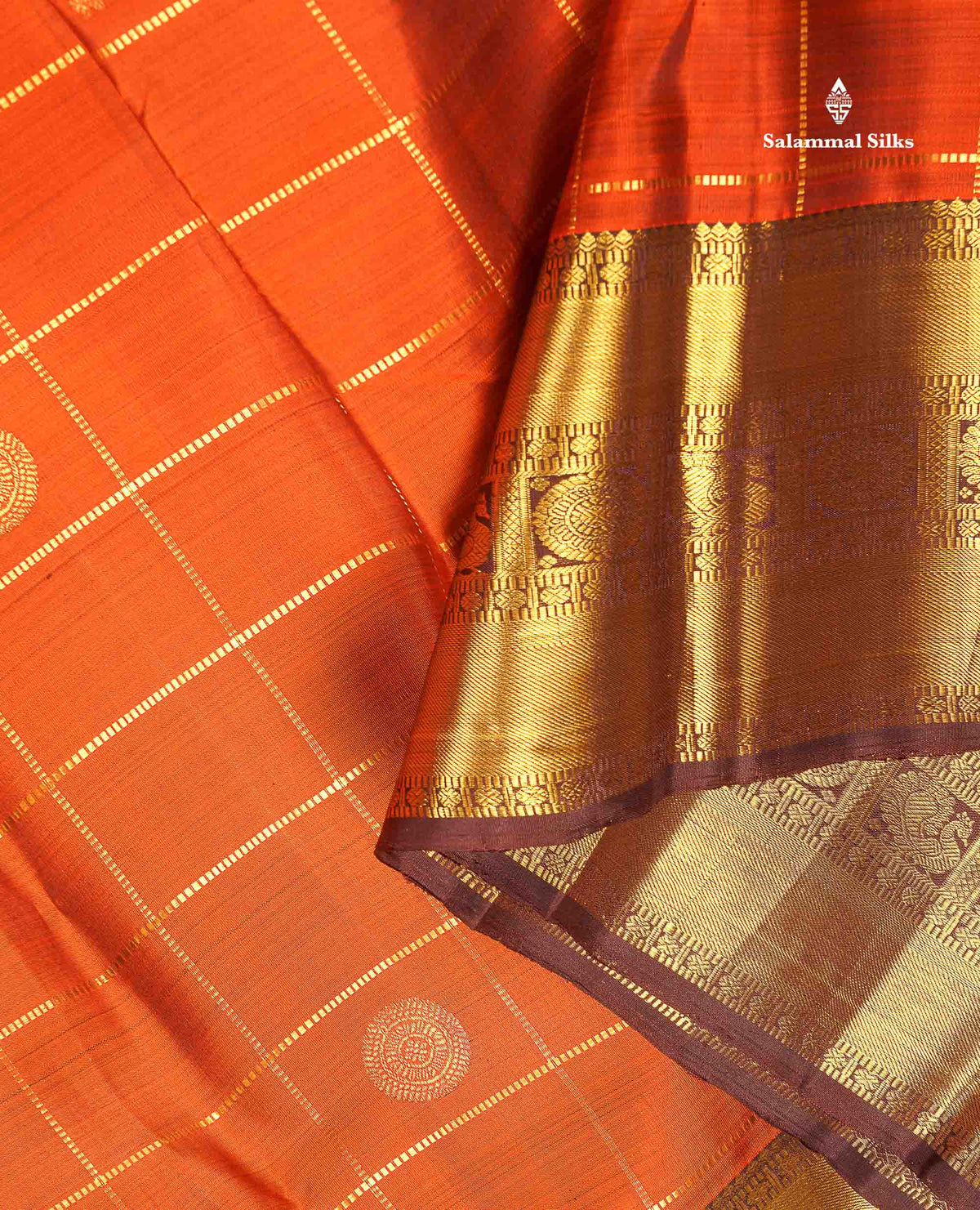 Pure Kanjivaram Silk Saree - Rust Orange Colour Body Checks With Butta & Contrast Brown Border