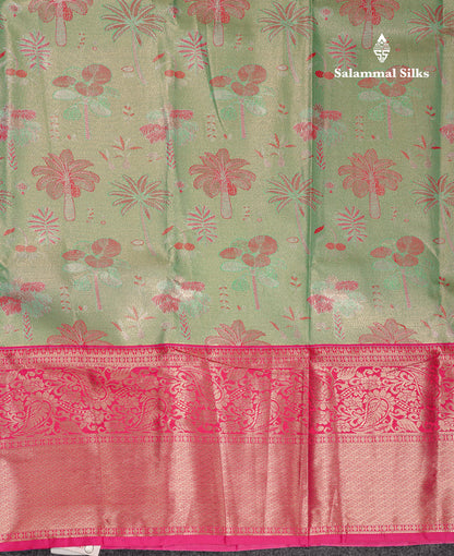Beautiful Light Green Tissue Semi Silk Saree With Contrast Pink Traditional Evening Morning Border