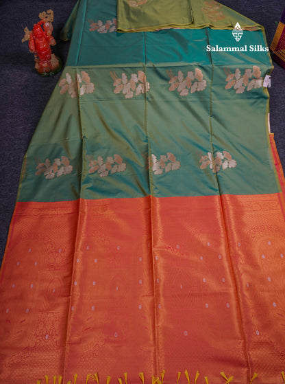 Beautiful Peacock Blue Silver And Gold Zari Meena Work Buttas Semi Soft Silk Saree With Contrast Purple Blouse