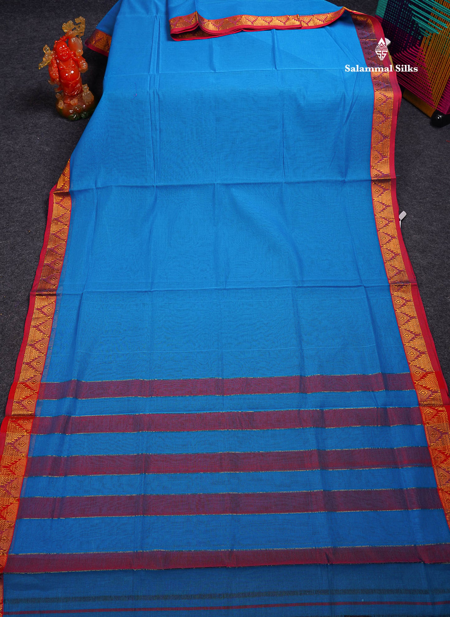 Beautiful Anandha Blue Plain Pure Cotton Saree With Contrast Maroon Traditional Temple Border