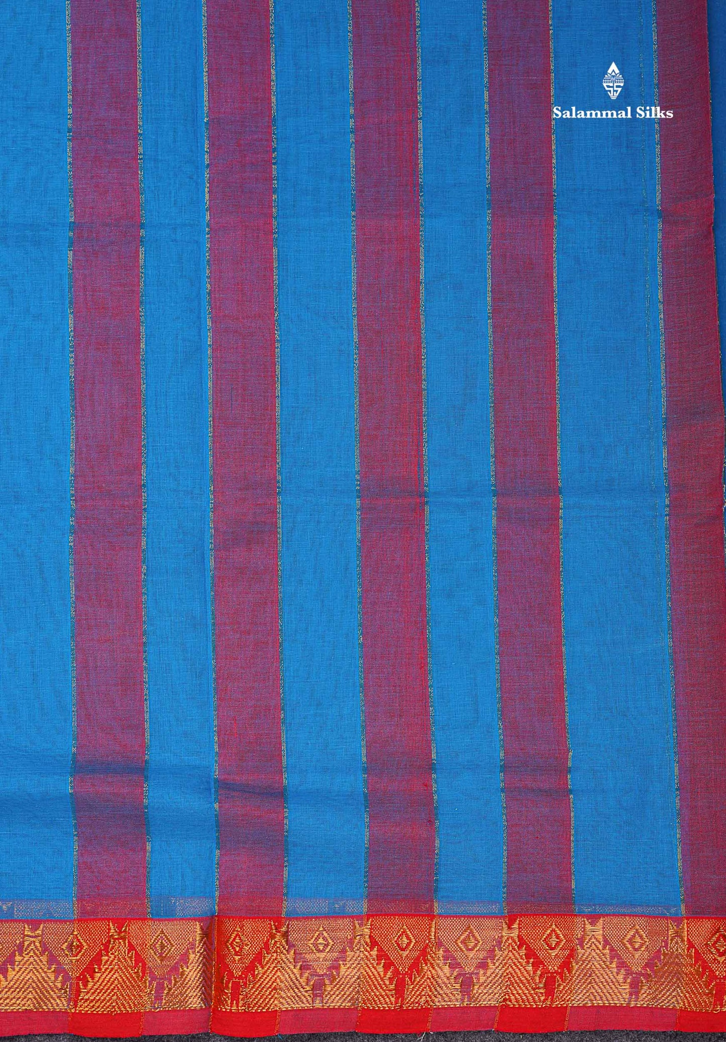 Beautiful Anandha Blue Plain Pure Cotton Saree With Contrast Maroon Traditional Temple Border