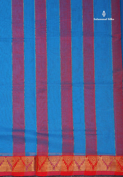 Beautiful Anandha Blue Plain Pure Cotton Saree With Contrast Maroon Traditional Temple Border