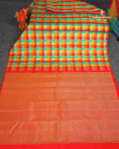 Pure Kanjivaram Silk Saree - Paalum Pazham Checks & Butta With Contrast Red Blouse