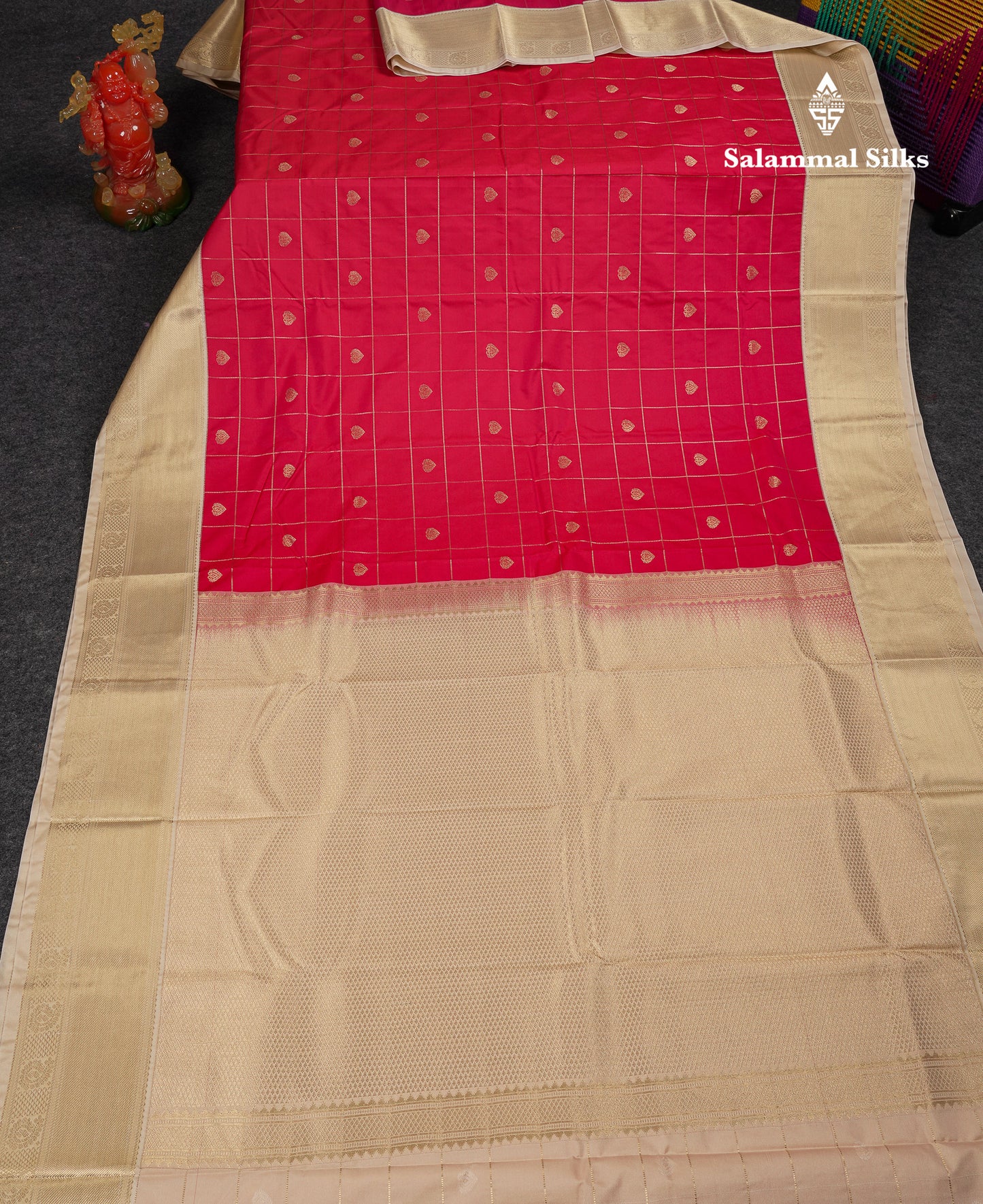 Beautiful Redish Pink Checks With Butta Semi Silk Saree With Contrast Sandal Traditional Border