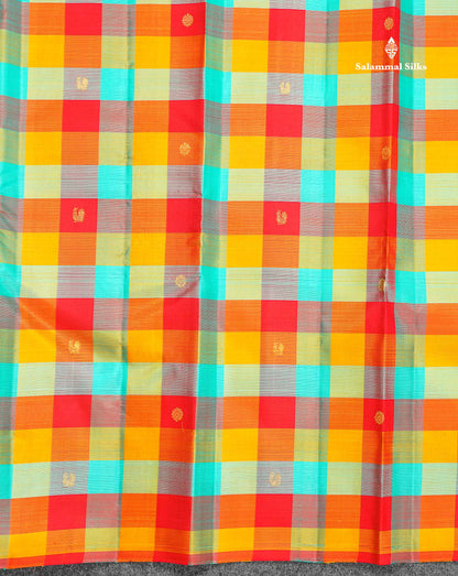 Pure Kanjivaram Silk Saree - Paalum Pazham Checks & Butta With Contrast Red Blouse