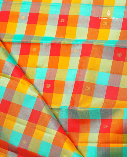 Pure Kanjivaram Silk Saree - Paalum Pazham Checks & Butta With Contrast Red Blouse