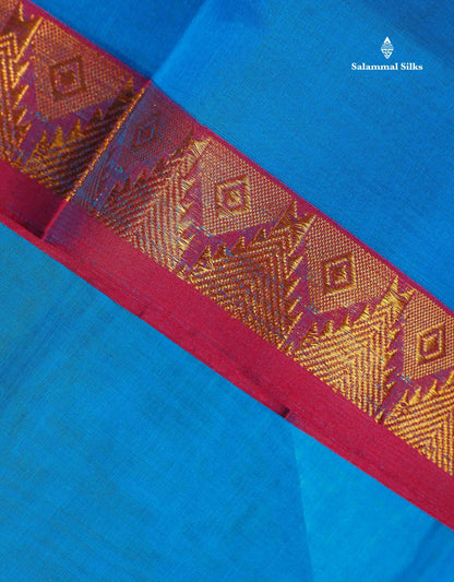 Beautiful Anandha Blue Plain Pure Cotton Saree With Contrast Maroon Traditional Temple Border