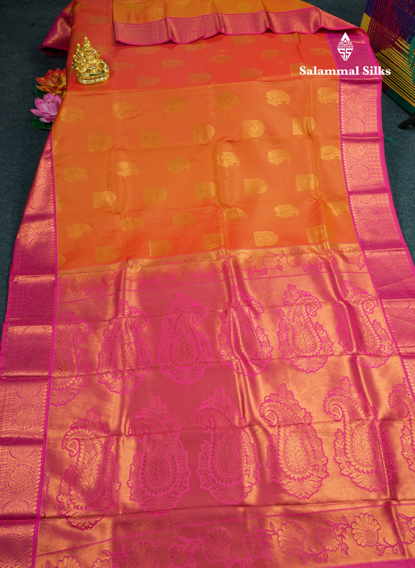 Orange Tiny Zari Checks Semi Silk Saree With Contrast Pink Border