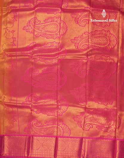 Orange Tiny Zari Checks Semi Silk Saree With Contrast Pink Border