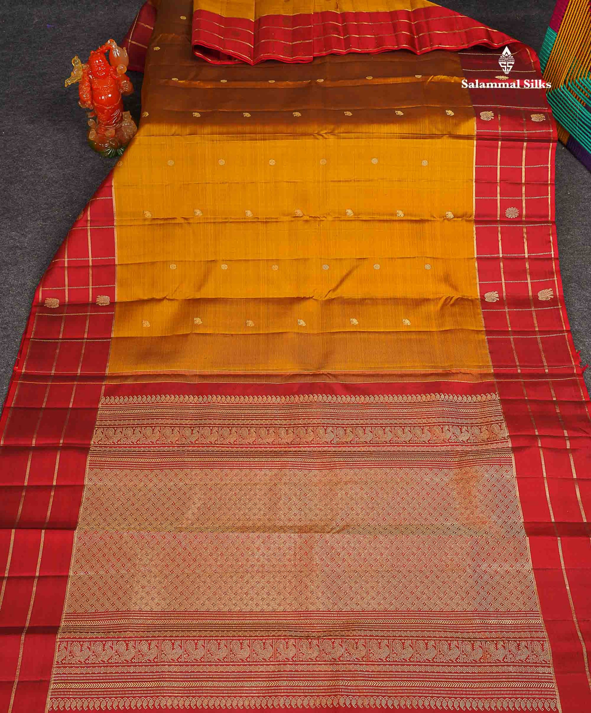 Pure Kanjivaram Silk Saree - Olive Mustard Yellow Colour Body With Contrast Maroon Fancy Border