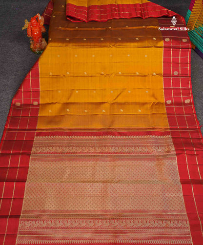 Pure Kanjivaram Silk Saree - Olive Mustard Yellow Colour Body With Contrast Maroon Fancy Border
