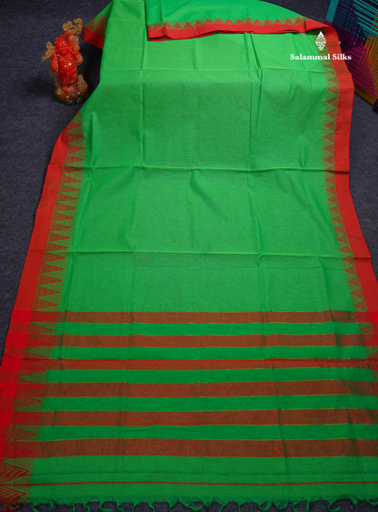 Beautiful Parrot Green Plain Pure Cotton Saree With Contrast Red Traditional Temple Border