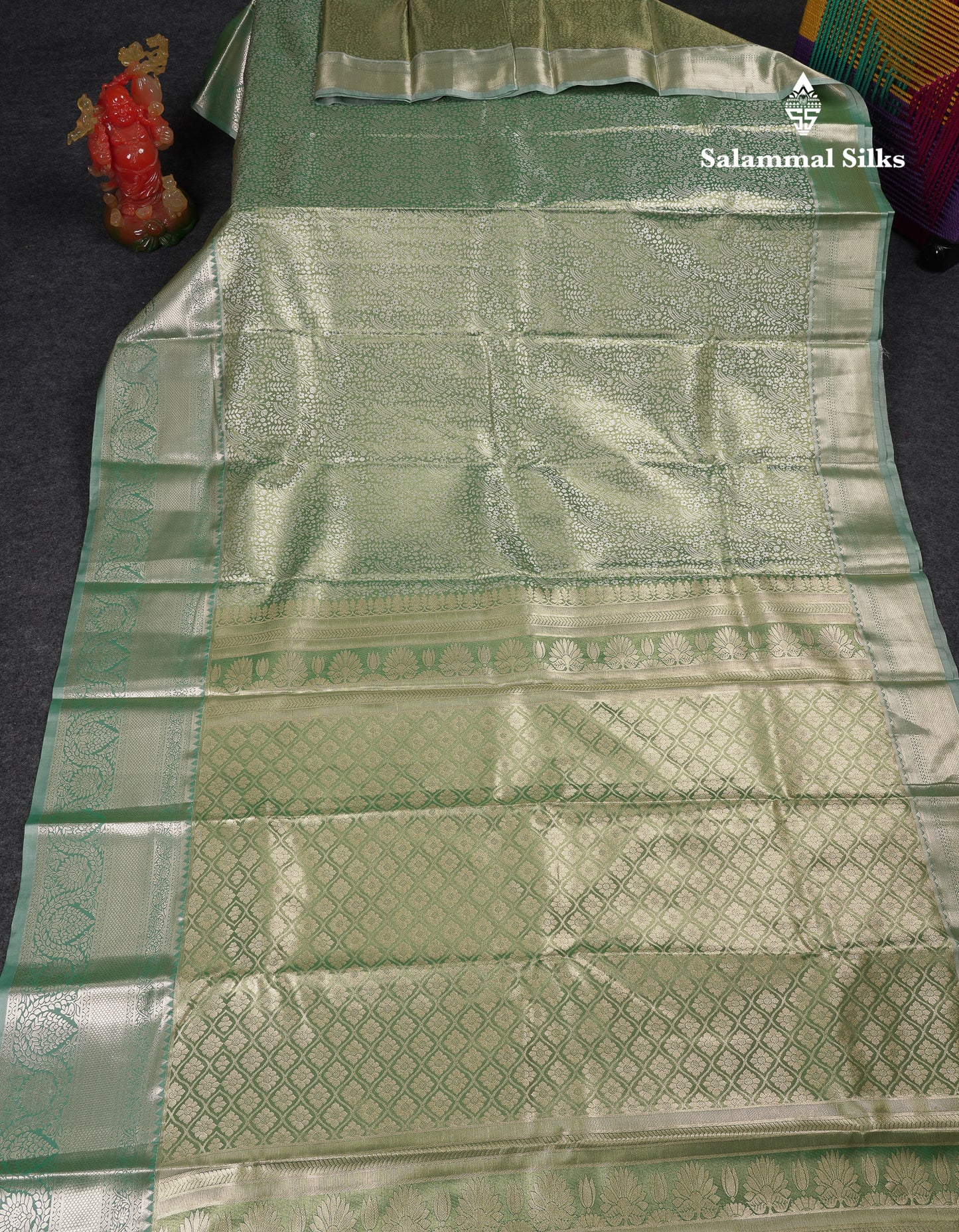 Beautiful Light Green Tissue Semi Silk Saree With Contrast Moss Green Traditional Evening Morning Border