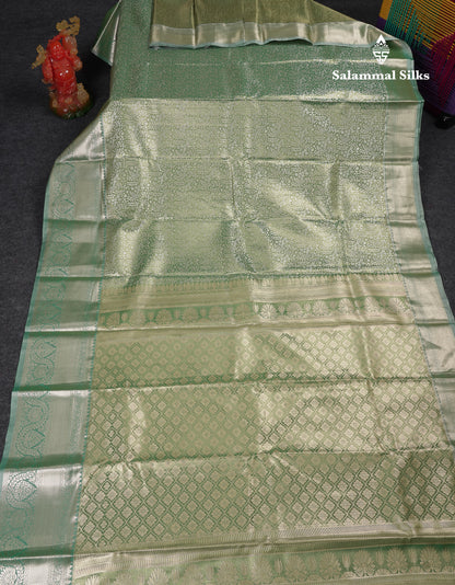 Beautiful Light Green Tissue Semi Silk Saree With Contrast Moss Green Traditional Evening Morning Border