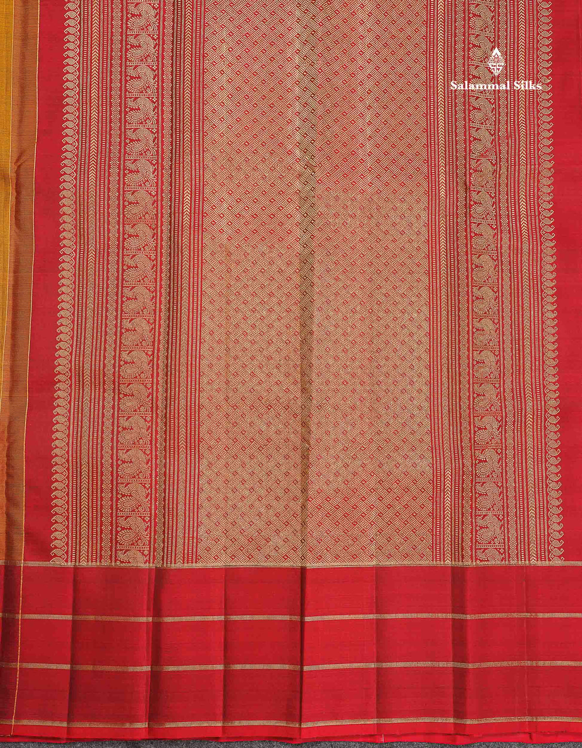 Pure Kanjivaram Silk Saree - Olive Mustard Yellow Colour Body Butta With Contrast Maroon Fancy Border