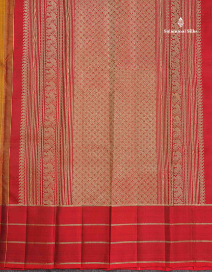 Pure Kanjivaram Silk Saree - Olive Mustard Yellow Colour Body Butta With Contrast Maroon Fancy Border