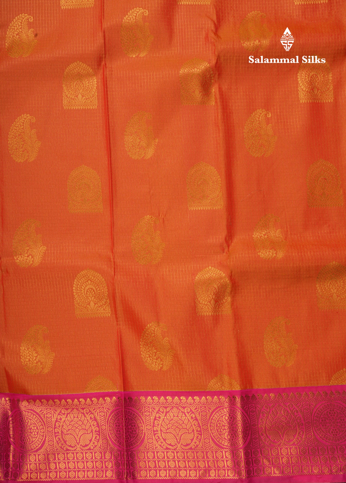 Orange Tiny Zari Checks Semi Silk Saree With Contrast Pink Border