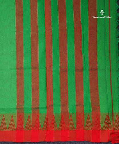 Beautiful Parrot Green Plain Pure Cotton Saree With Contrast Red Traditional Temple Border