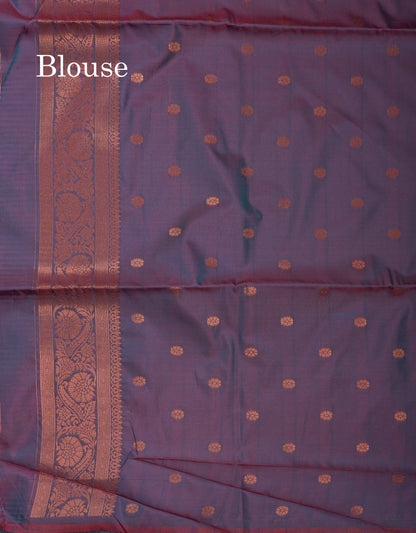 Beautiful Peacock Blue Silver And Gold Zari Meena Work Buttas Semi Soft Silk Saree With Contrast Purple Blouse
