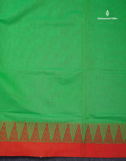 Beautiful Parrot Green Plain Pure Cotton Saree With Contrast Red Traditional Temple Border