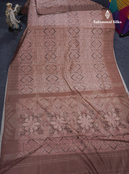 Onion Pink Thread Work Printed Semi Tussar Fancy Saree With Contrast Magenta Border