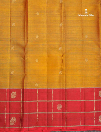 Pure Kanjivaram Silk Saree - Olive Mustard Yellow Colour Body Butta With Contrast Maroon Fancy Border