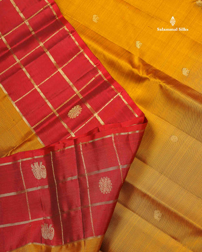 Pure Kanjivaram Silk Saree - Olive Mustard Yellow Colour Body Butta With Contrast Maroon Fancy Border