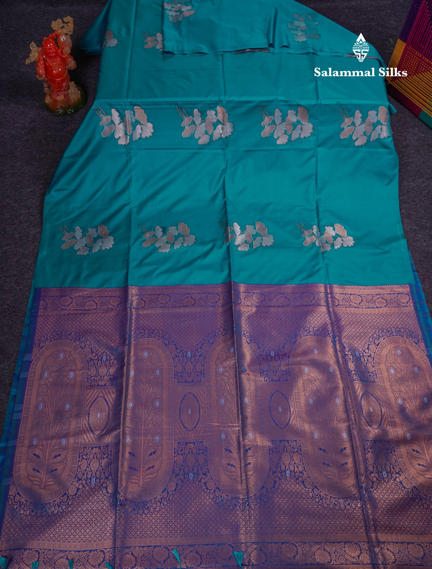Beautiful Peacock Blue Silver And Gold Zari Meena Work Buttas Semi Soft Silk Saree With Contrast Purple Blouse
