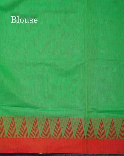 Beautiful Parrot Green Plain Pure Cotton Saree With Contrast Red Traditional Temple Border