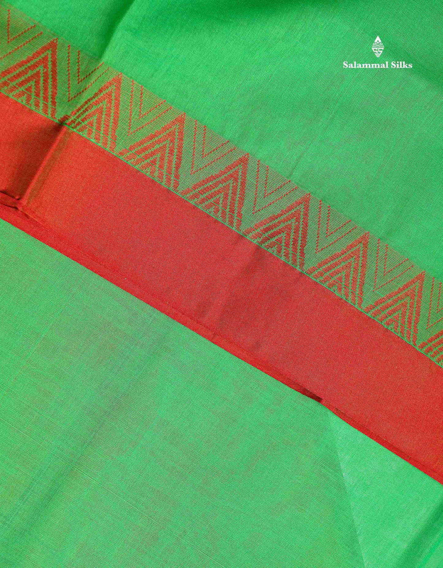 Beautiful Parrot Green Plain Pure Cotton Saree With Contrast Red Traditional Temple Border