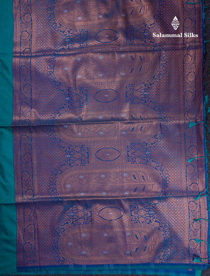 Beautiful Peacock Blue Silver And Gold Zari Meena Work Buttas Semi Soft Silk Saree With Contrast Purple Blouse