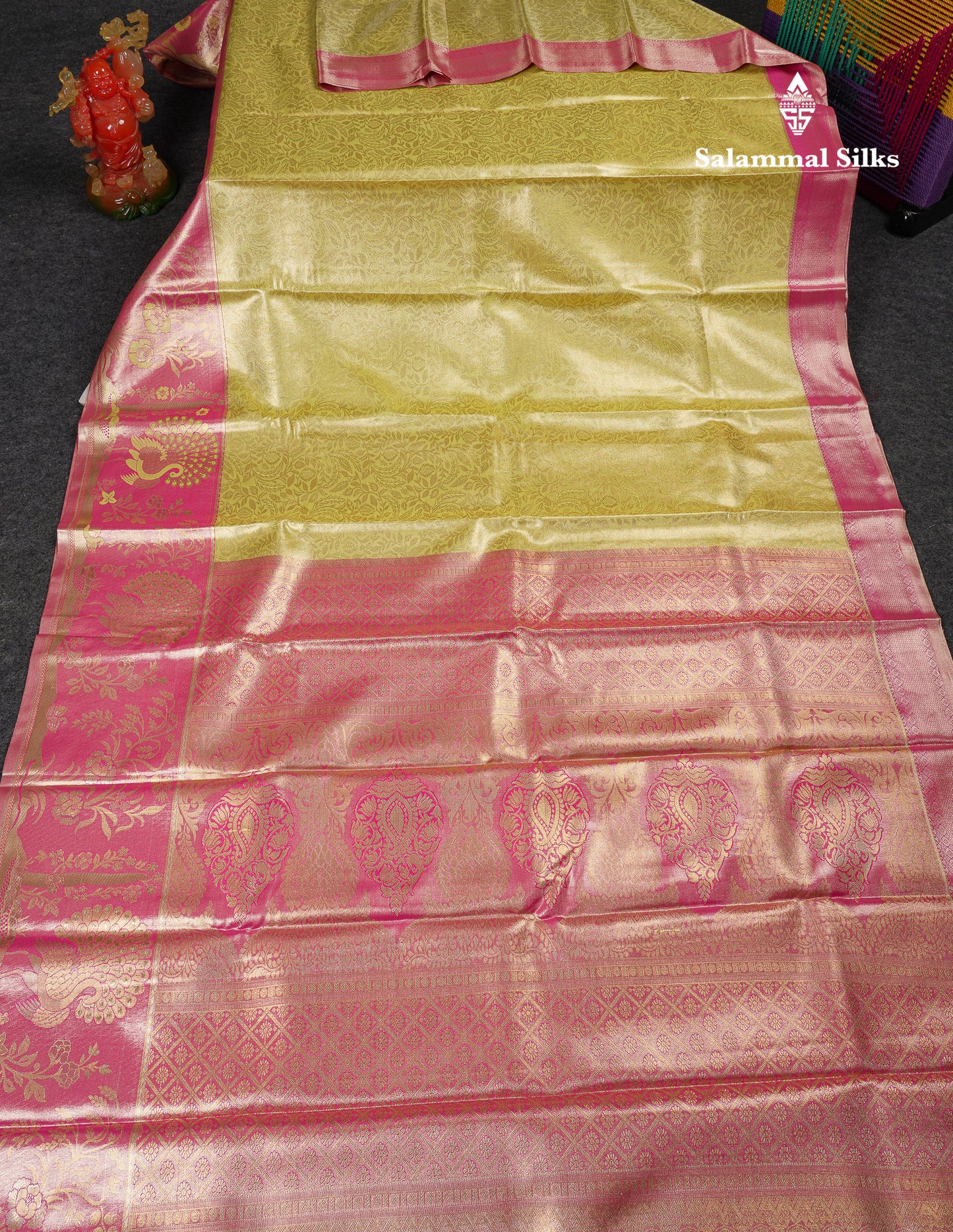 Beautiful Lemon Yellow Tissue Semi Silk Saree With Contrast Pink Fancy Border