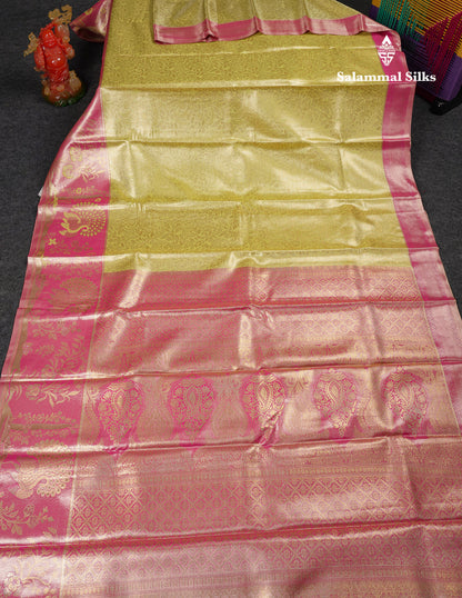 Beautiful Lemon Yellow Tissue Semi Silk Saree With Contrast Pink Fancy Border