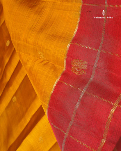 Pure Kanjivaram Silk Saree - Olive Mustard Yellow Colour Body Butta With Contrast Maroon Fancy Border